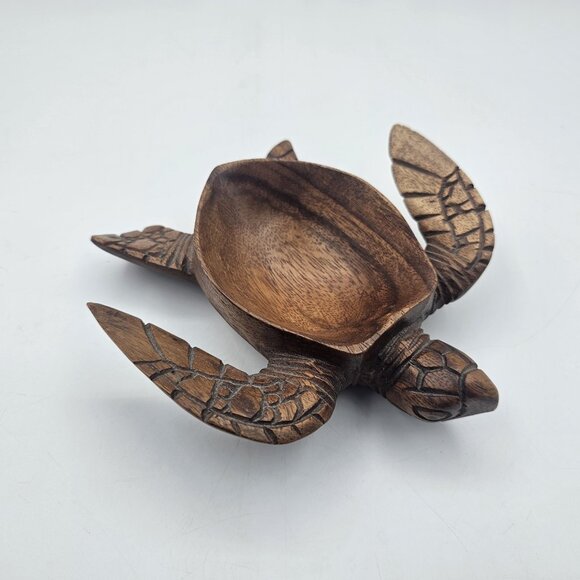 Turtle Hand Carved Wooden Trinket Dish Tray Bowl Decor Beach Tropical Tiki Brown - Picture 1 of 11